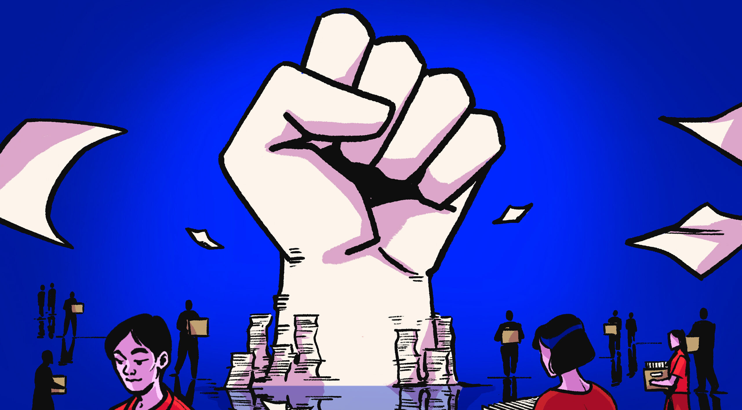 A huge fist rises out of packs of paper in a room where people mill around stacking more papers